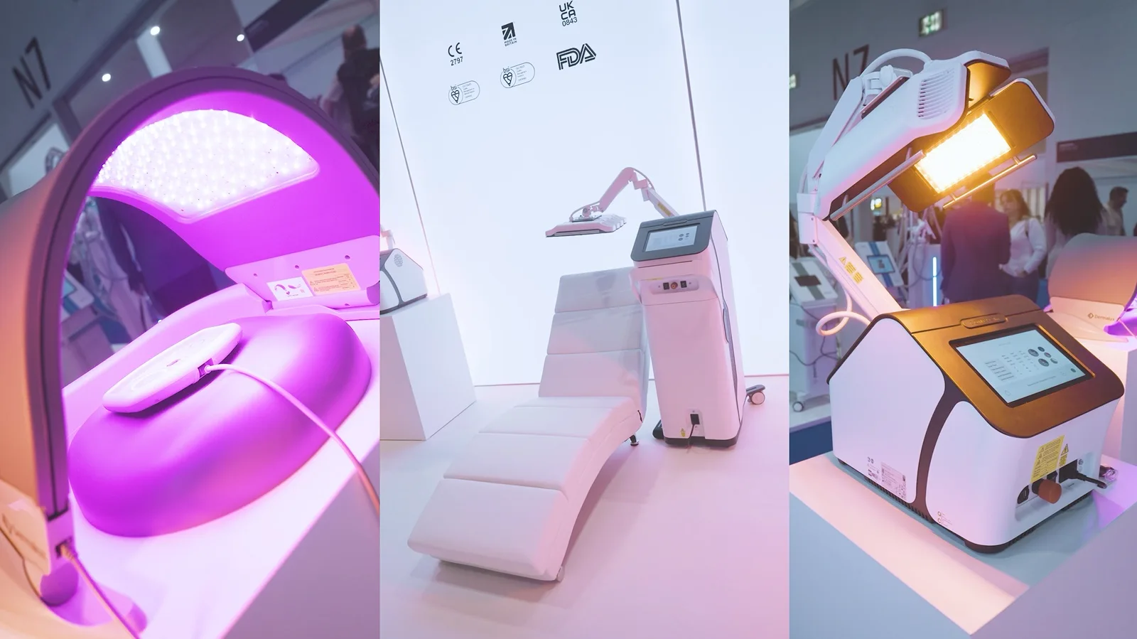 A sequence of aesthetic devices displayed on beauty exhibition stands